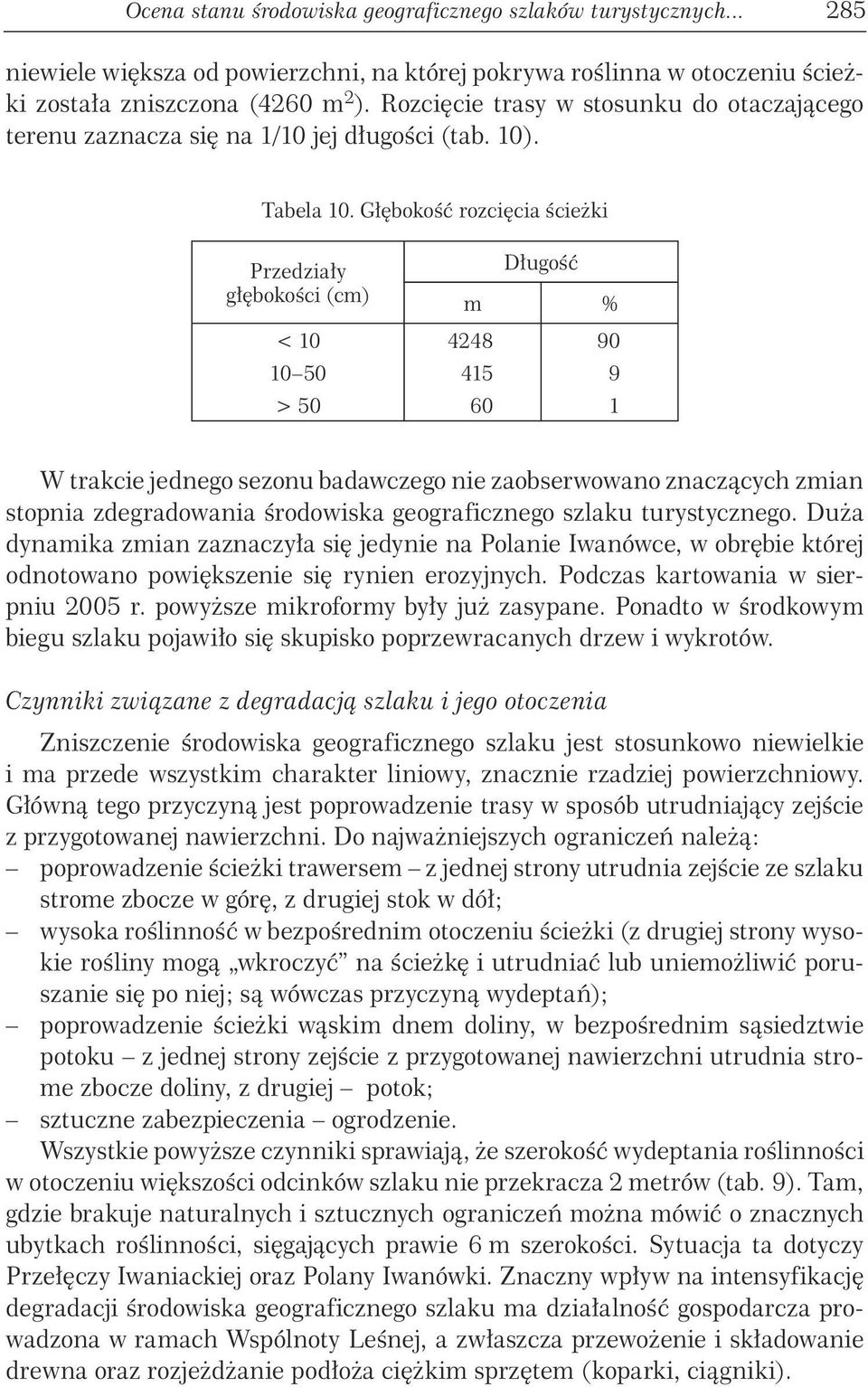 Głębokość rozcięcia ścieŝki Przedziały głębokości (cm) Długość m % < 10 4248 90 10 50 415 9 > 50 60 1 W trakcie jednego sezonu badawczego nie zaobserwowano znaczących zmian stopnia zdegradowania