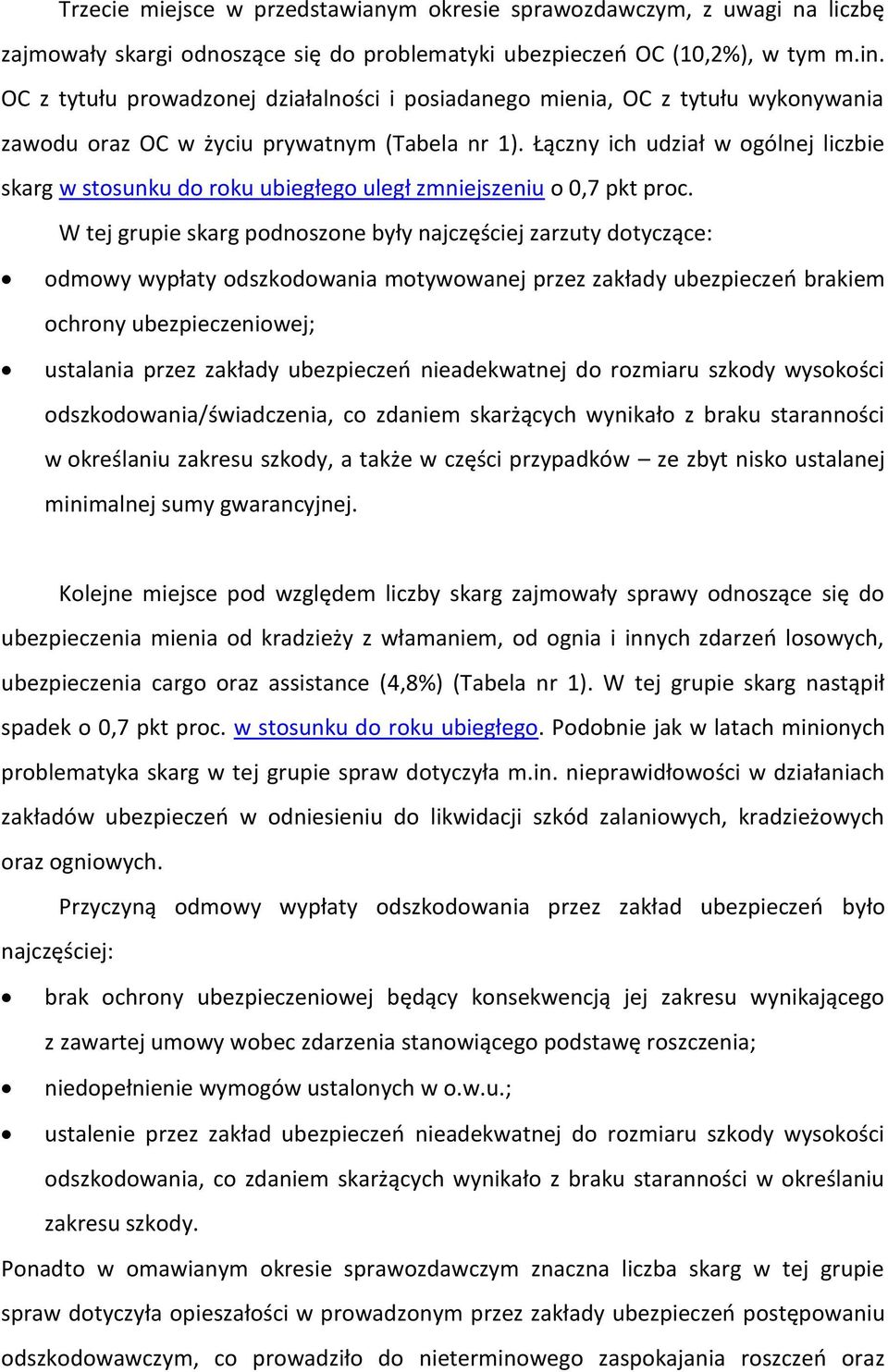 tej grupie skarg podnoszone były najczęściej zarzuty dotyczące: odmowy wypłaty odszkodowania motywowanej przez zakłady ubezpieczeń brakiem ochrony ubezpieczeniowej; ustalania przez zakłady