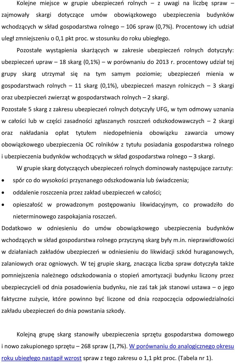 porównaniu do 2013 r procentowy udział tej grupy skarg utrzymał się na tym samym poziomie; ubezpieczeń mienia w gospodarstwach rolnych 11 skarg (0,1%), ubezpieczeń maszyn rolniczych 3 skargi oraz