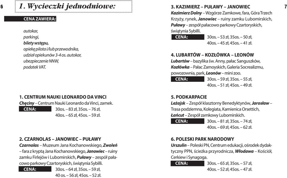 Sybilli. Cena: autokar, parkingi, bilety wstępu, opiekę pilota i/lub przewodnika, udział opiekunów 3-4 os. autokar, ubezpieczenie NNW, podatek VAT. 30os. 53 zł, 35os. 50 zł, 40os. 45 zł, 45os. 41 zł.