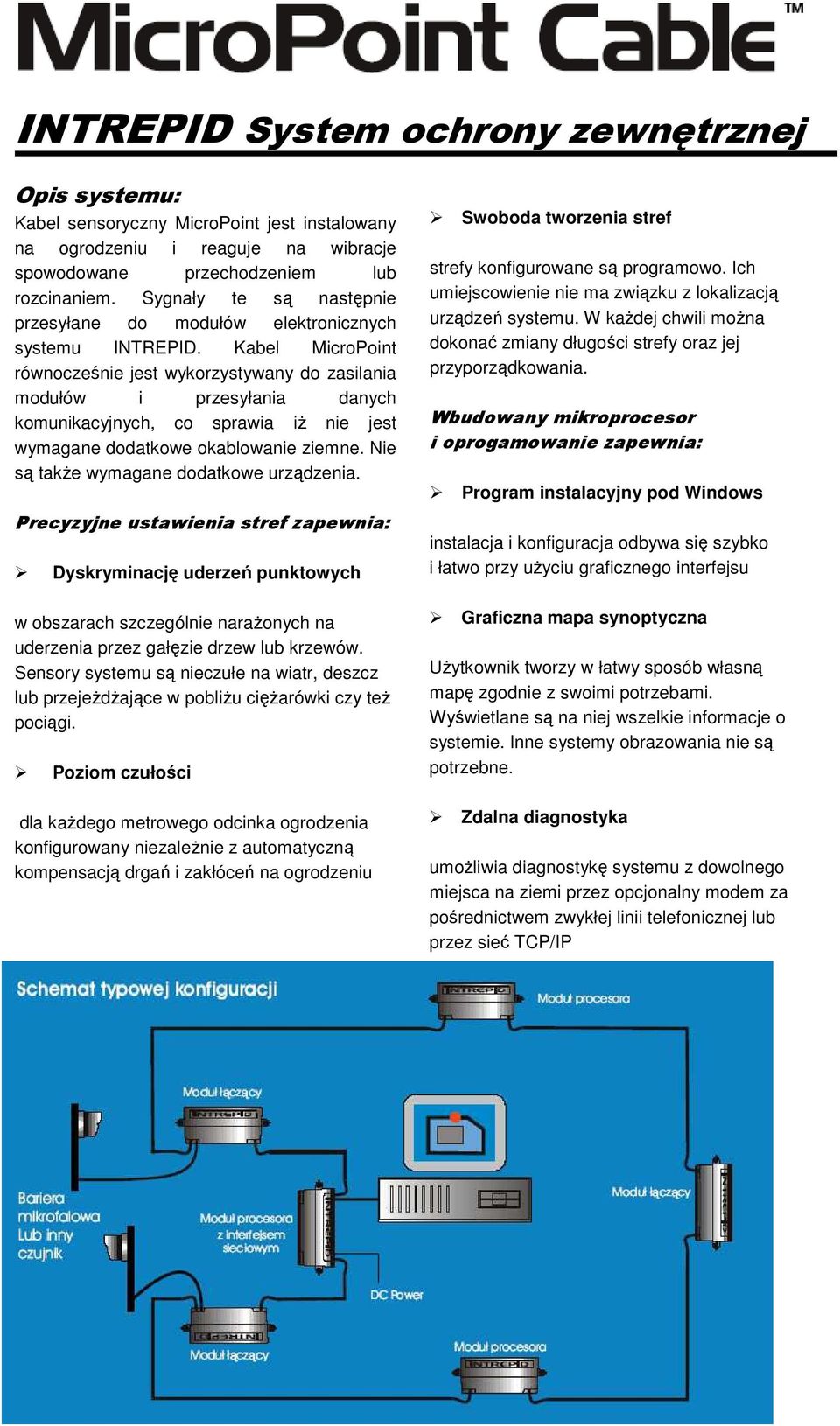 Kabel MicroPoint równocześnie jest wykorzystywany do zasilania modułów i przesyłania danych komunikacyjnych, co sprawia iż nie jest wymagane dodatkowe okablowanie ziemne.