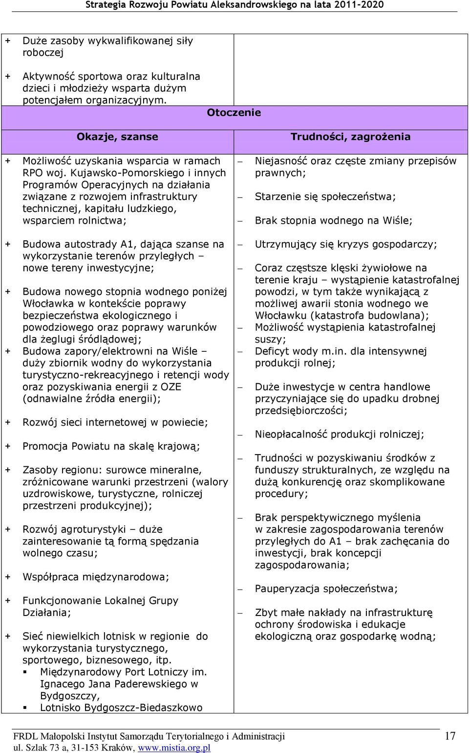 Kujawsko-Pomorskiego i innych Programów Operacyjnych na działania związane z rozwojem infrastruktury technicznej, kapitału ludzkiego, wsparciem rolnictwa; + Budowa autostrady A1, dająca szanse na