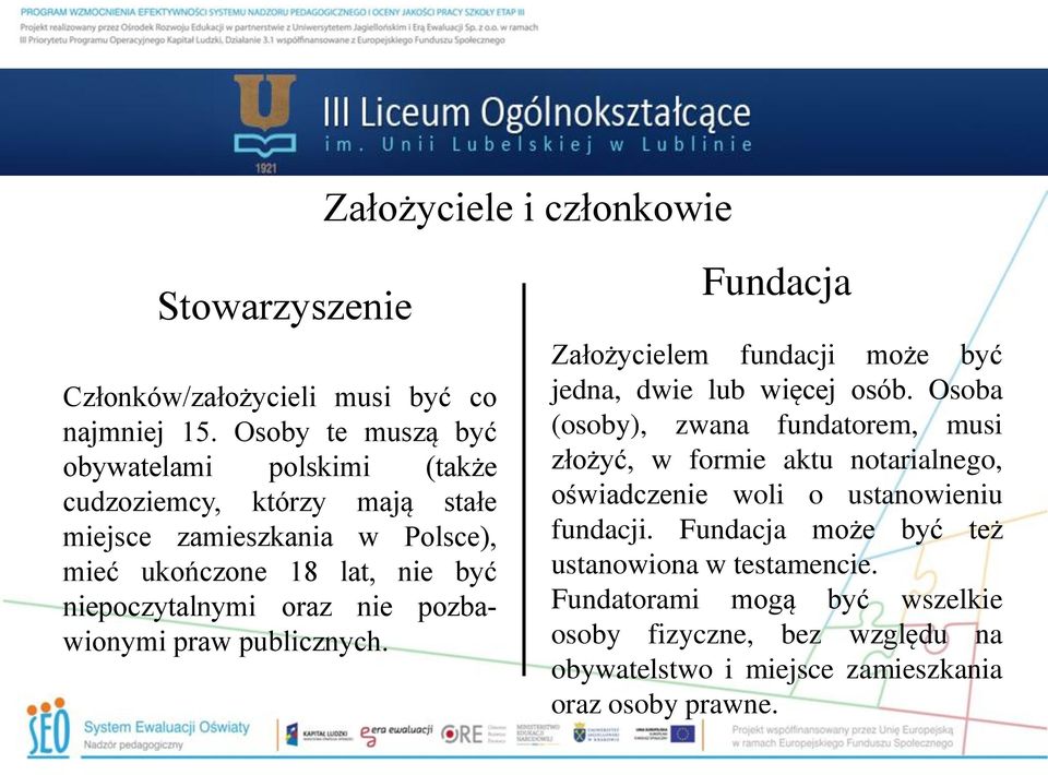 oraz nie pozbawionymi praw publicznych. Fundacja Założycielem fundacji może być jedna, dwie lub więcej osób.