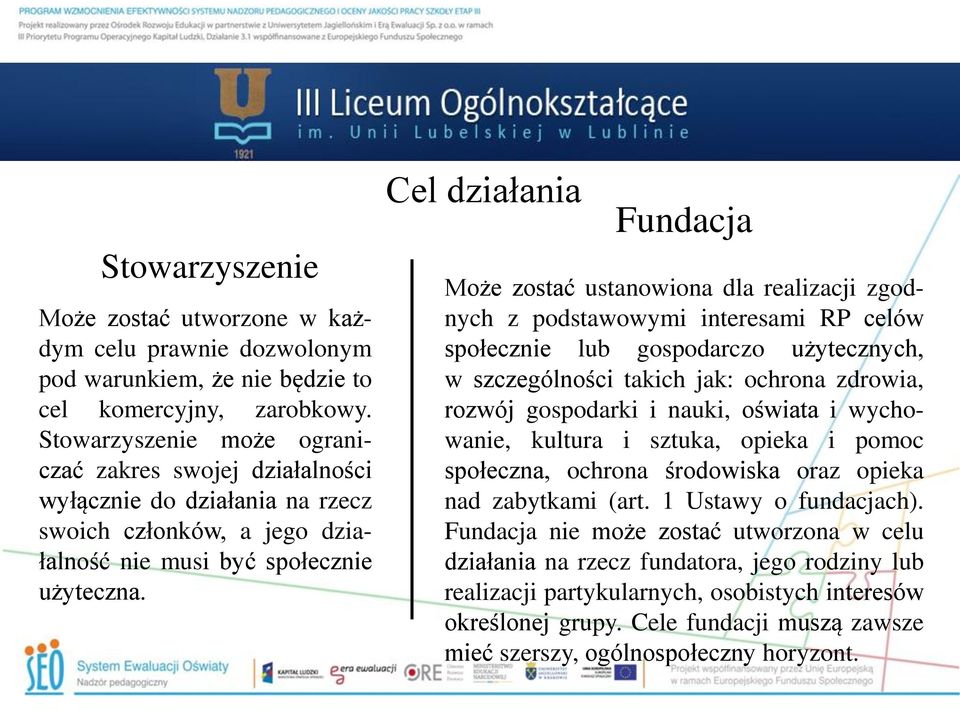 Cel działania Fundacja Może zostać ustanowiona dla realizacji zgodnych z podstawowymi interesami RP celów społecznie lub gospodarczo użytecznych, w szczególności takich jak: ochrona zdrowia, rozwój