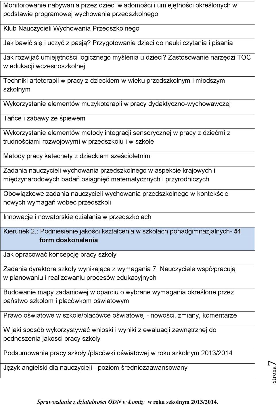 Zastosowanie narzędzi TOC w edukacji wczesnoszkolnej Techniki arteterapii w pracy z dzieckiem w wieku przedszkolnym i młodszym szkolnym Wykorzystanie elementów muzykoterapii w pracy