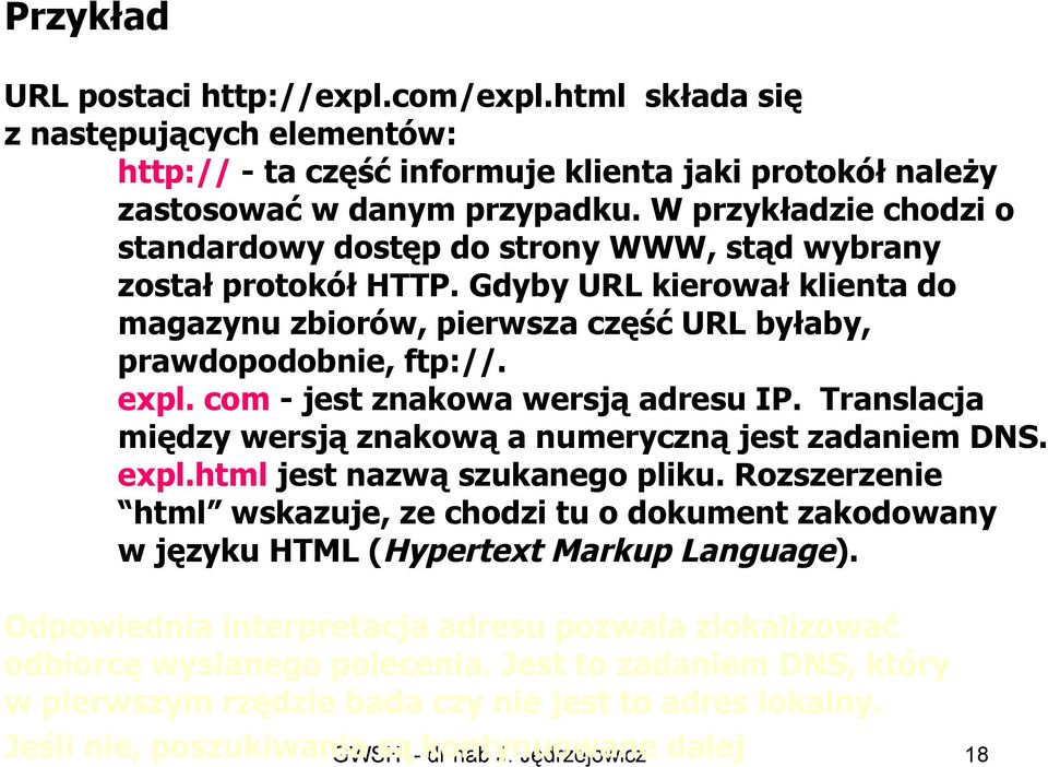 com - jest znakowa wersją adresu IP. Translacja między wersją znakową a numeryczną jest zadaniem DNS. expl.html jest nazwą szukanego pliku.