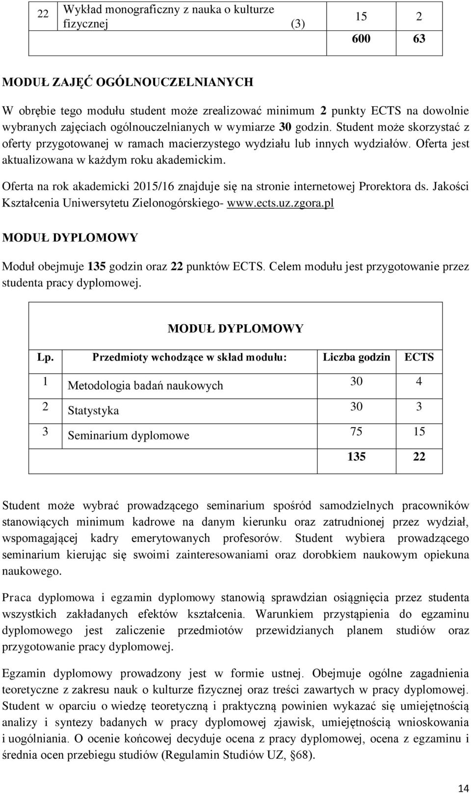 Oferta jest aktualizowana w każdym roku akademickim. Oferta na rok akademicki 2015/16 znajduje się na stronie internetowej Prorektora ds. Jakości Kształcenia Uniwersytetu Zielonogórskiego- www.ects.