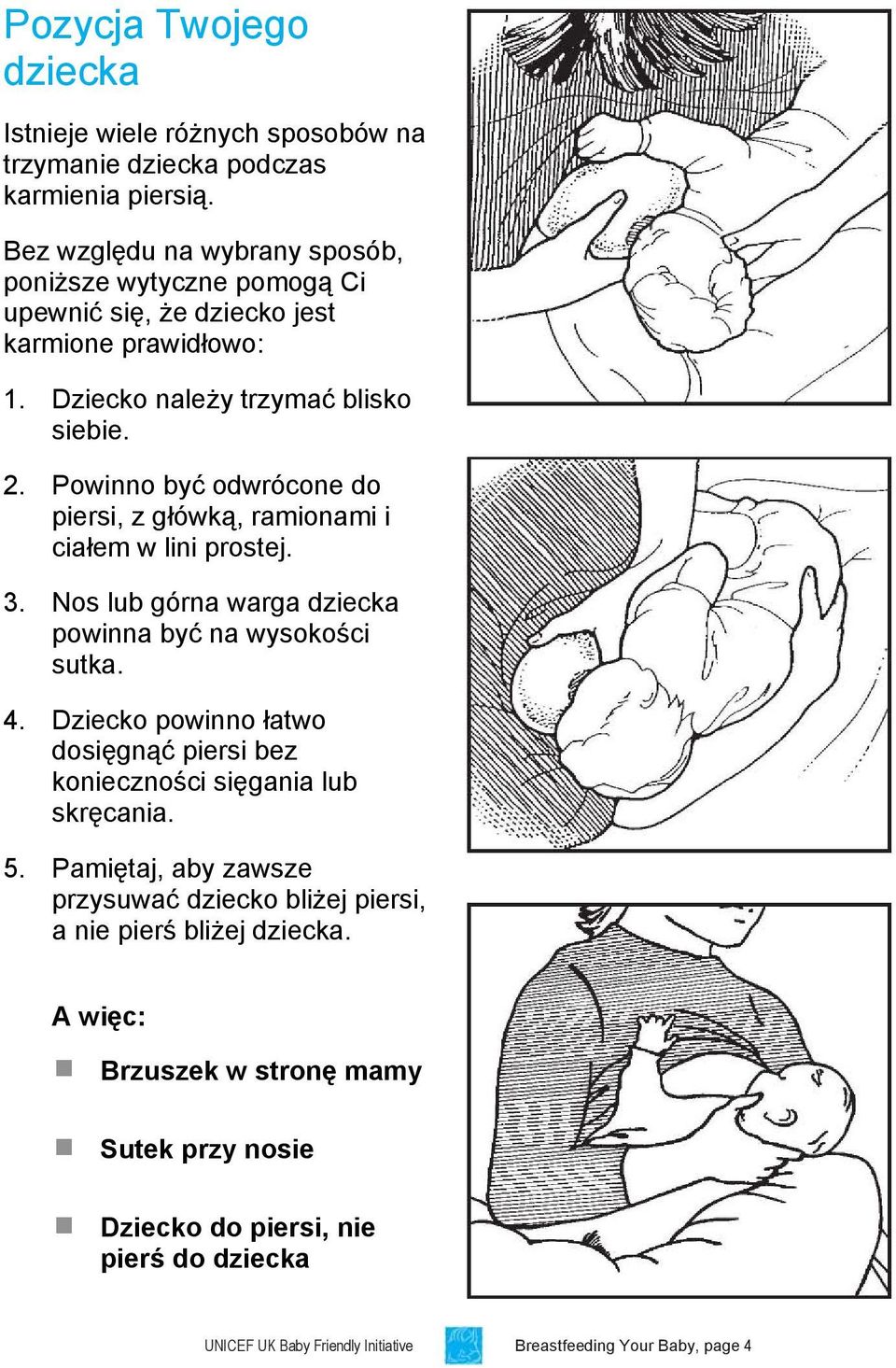 Powinno być odwrócone do piersi, z główką, ramionami i ciałem w lini prostej. 3. Nos lub górna warga dziecka powinna być na wysokości sutka. 4.