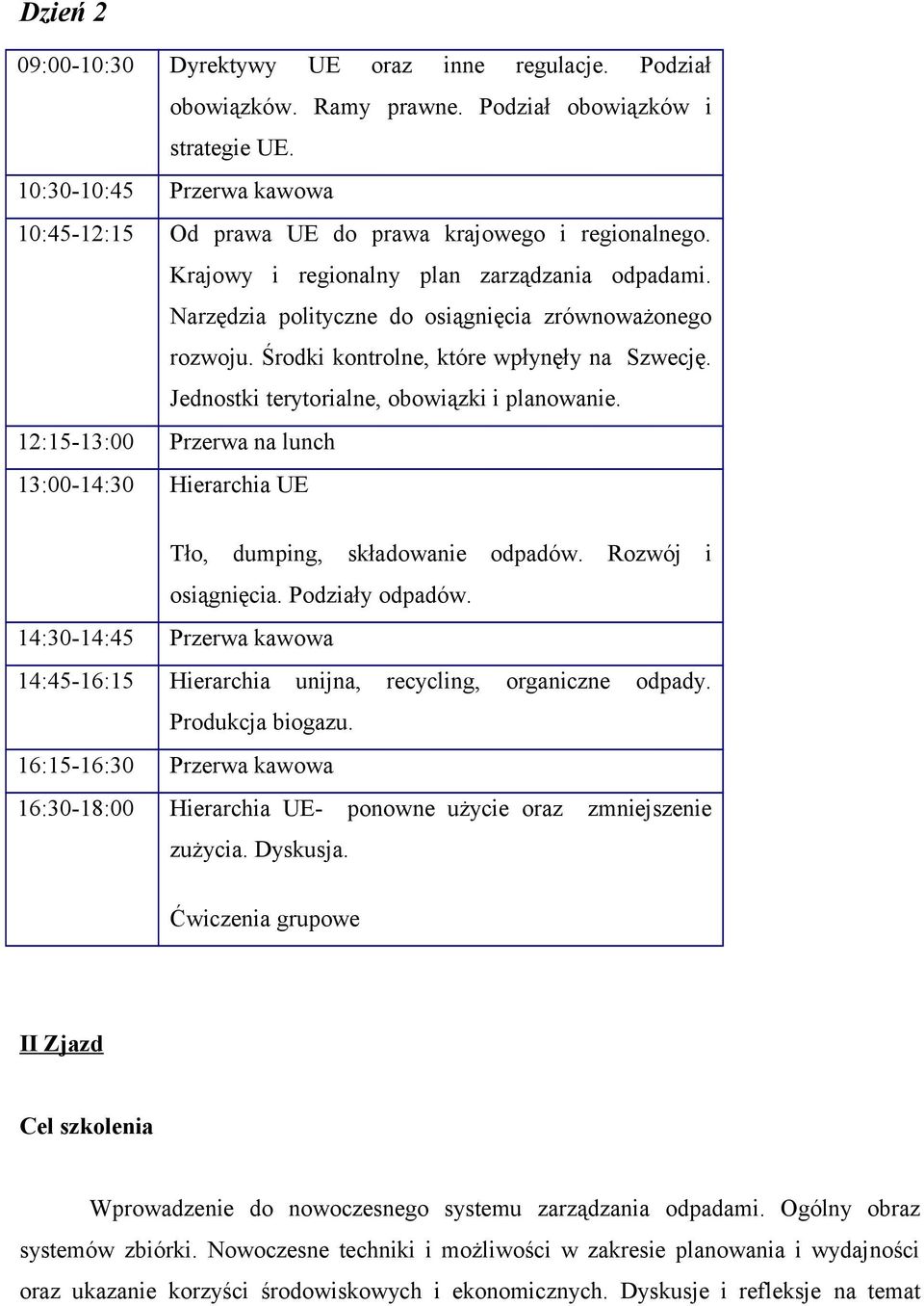 Środki kontrolne, które wpłynęły na Szwecję. Jednostki terytorialne, obowiązki i planowanie. 13:00-14:30 Hierarchia UE Tło, dumping, składowanie odpadów. Rozwój i osiągnięcia. Podziały odpadów.