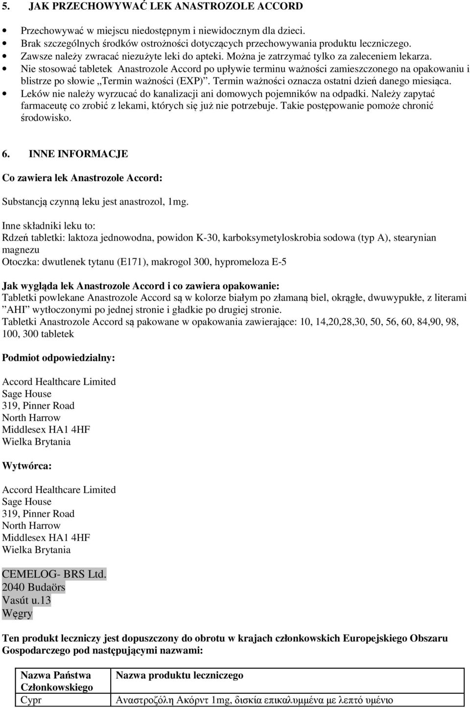 Nie stosować tabletek Anastrozole Accord po upływie terminu ważności zamieszczonego na opakowaniu i blistrze po słowie Termin ważności (EXP). Termin ważności oznacza ostatni dzień danego miesiąca.