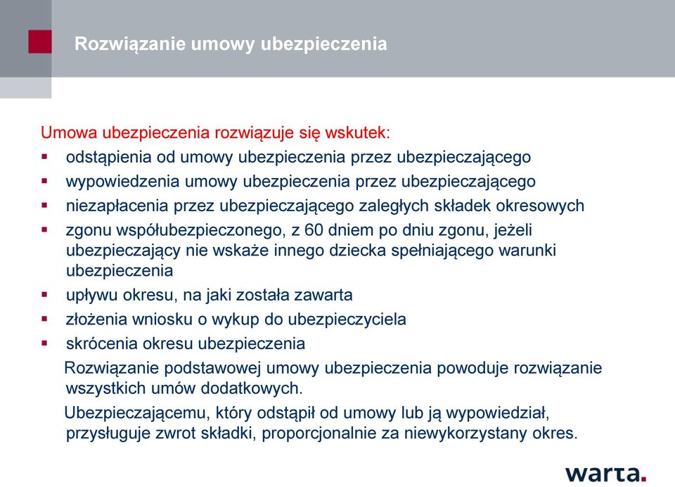 spełniającego warunki ubezpieczenia upływu okresu, na jaki została zawarta złożenia wniosku o wykup do ubezpieczyciela skrócenia okresu ubezpieczenia Rozwiązanie podstawowej umowy