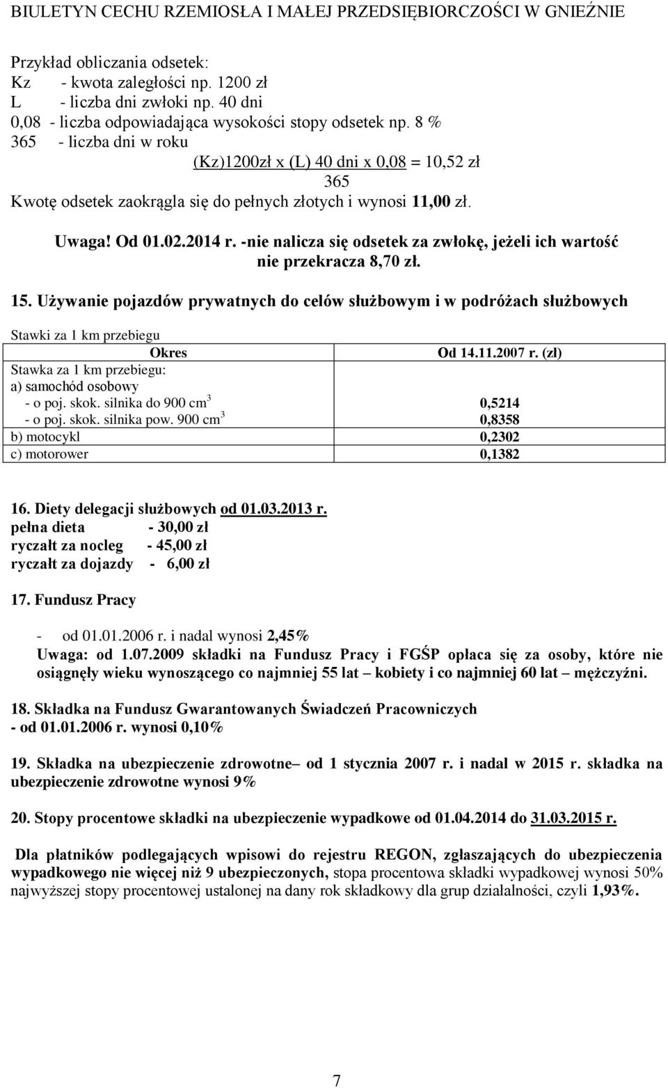 -nie nalicza się odsetek za zwłokę, jeżeli ich wartość nie przekracza 8,70 zł. 15. Używanie pojazdów prywatnych do celów służbowym i w podróżach służbowych Stawki za 1 km przebiegu Okres Od 14.11.