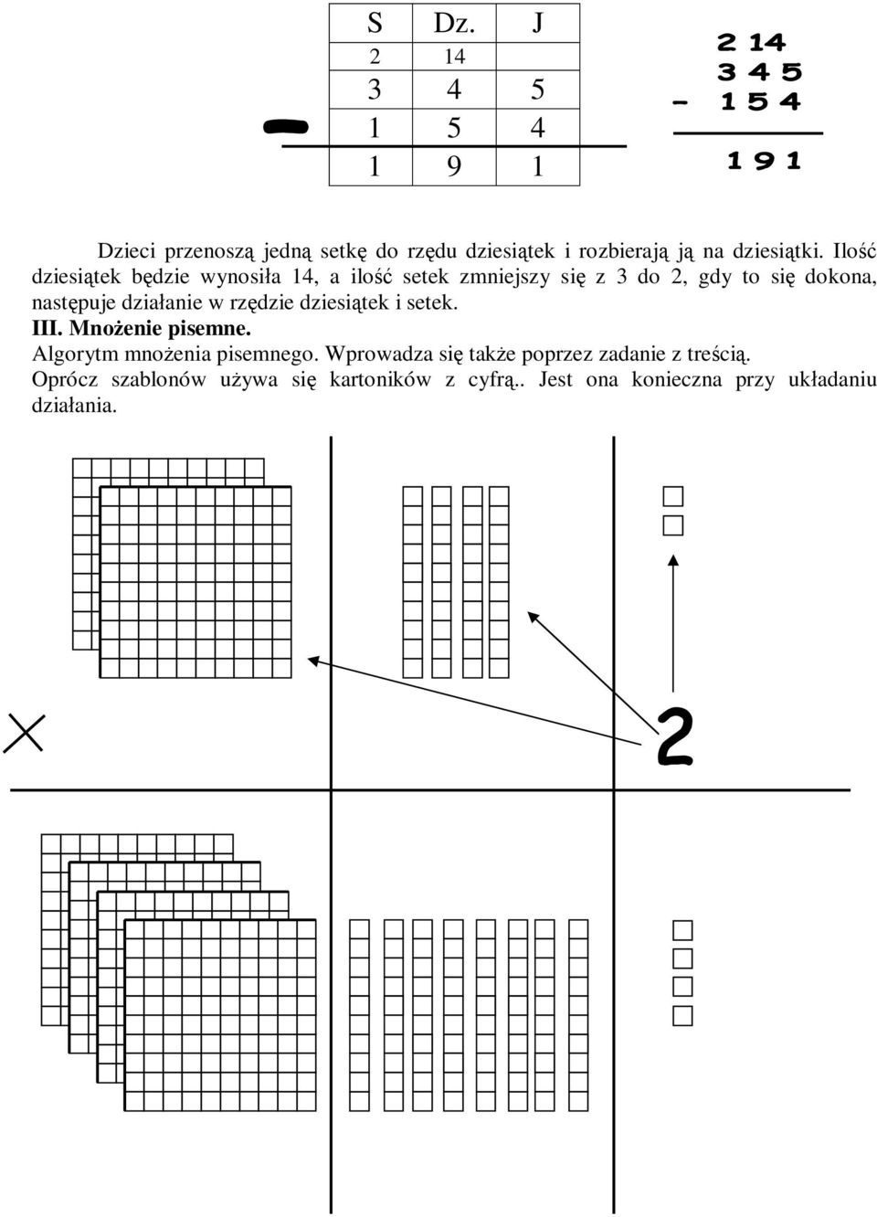 działanie w rzędzie dziesiątek i setek. III. Mnożenie pisemne. Algorytm mnożenia pisemnego.