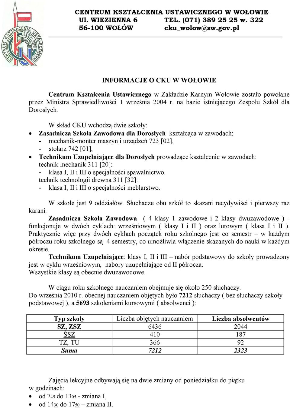 W skład CKU wchodzą dwie szkoły: Zasadnicza Szkoła Zawodowa dla Dorosłych kształcąca w zawodach: - mechanik-monter maszyn i urządzeń 723 [02], - stolarz 742 [01], Technikum Uzupełniające dla