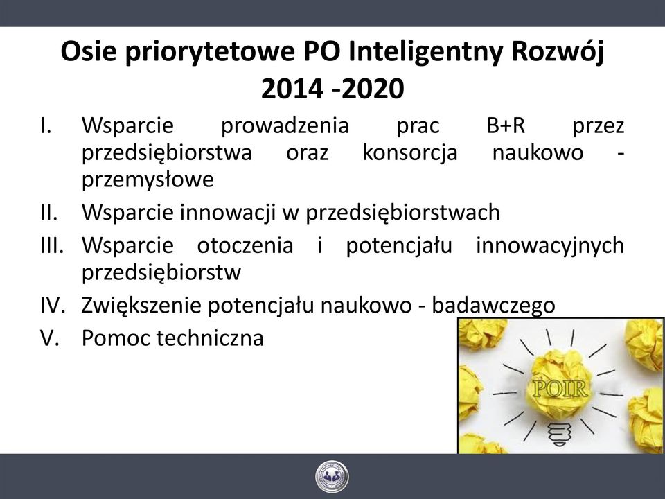 przemysłowe II. Wsparcie innowacji w przedsiębiorstwach III.