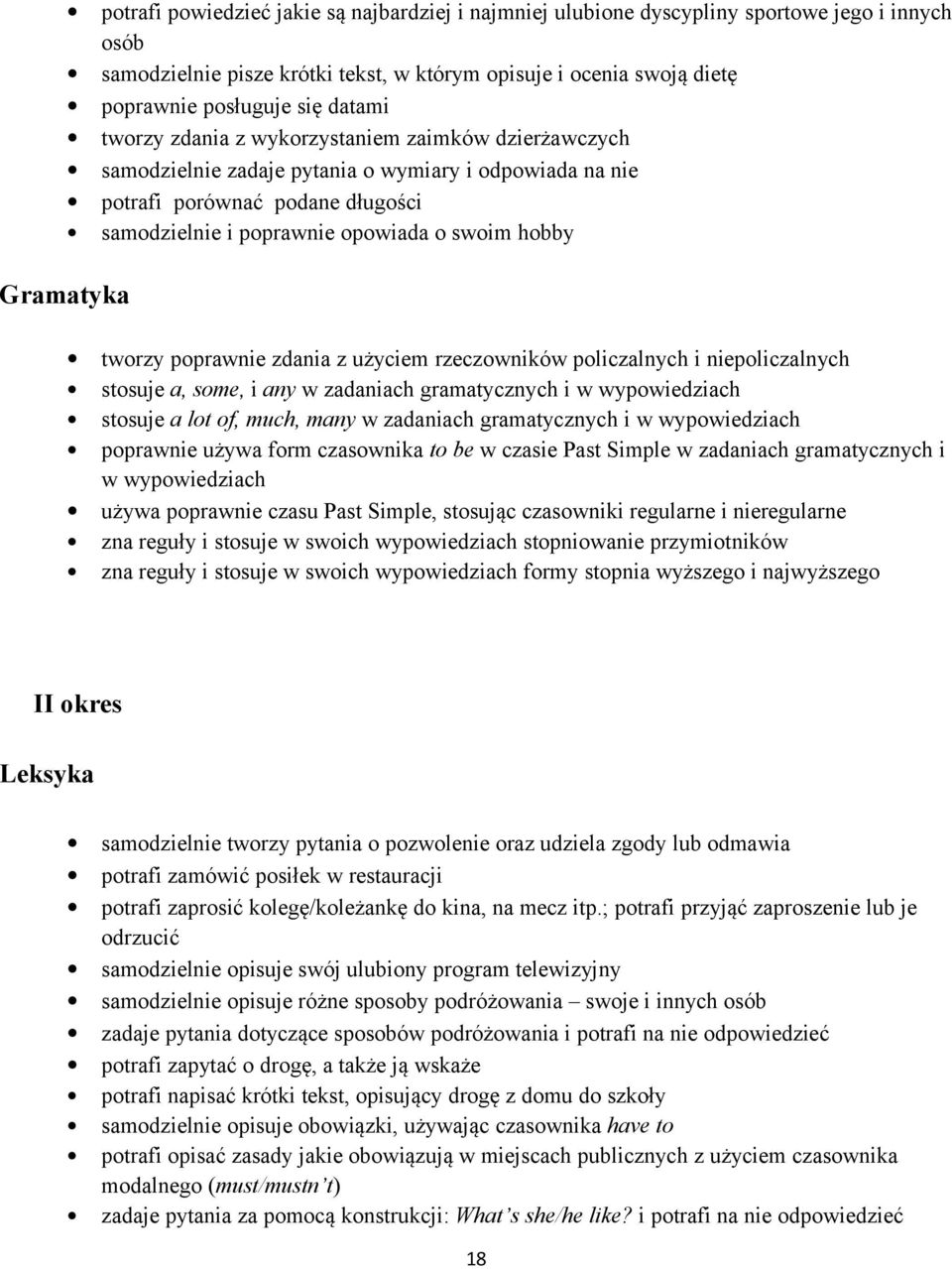 tworzy poprawnie zdania z użyciem rzeczowników policzalnych i niepoliczalnych stosuje a, some, i any w zadaniach gramatycznych i w wypowiedziach stosuje a lot of, much, many w zadaniach gramatycznych