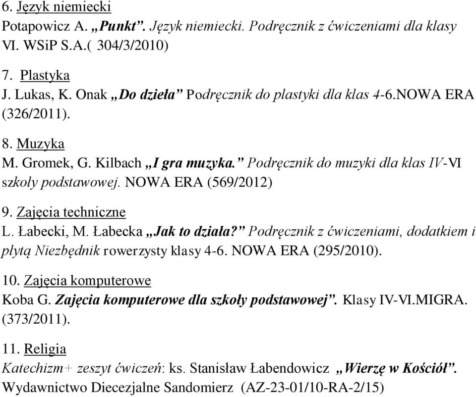 NOWA ERA (569/2012) 9. Zajęcia techniczne L. Łabecki, M. Łabecka Jak to działa? Podręcznik z ćwiczeniami, dodatkiem i płytą Niezbędnik rowerzysty klasy 4-6. NOWA ERA (295/2010). 10.