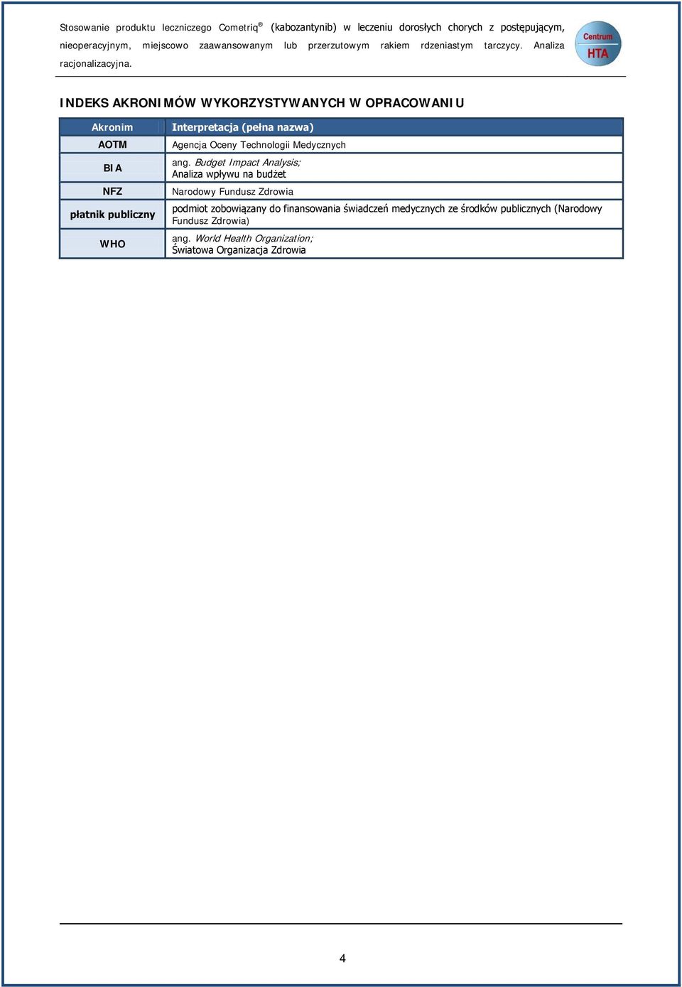INDEKS AKRONIMÓW WYKORZYSTYWANYCH W OPRACOWANIU Akronim AOTM BIA NFZ płatnik publiczny WHO Interpretacja (pełna nazwa) Agencja Oceny Technologii