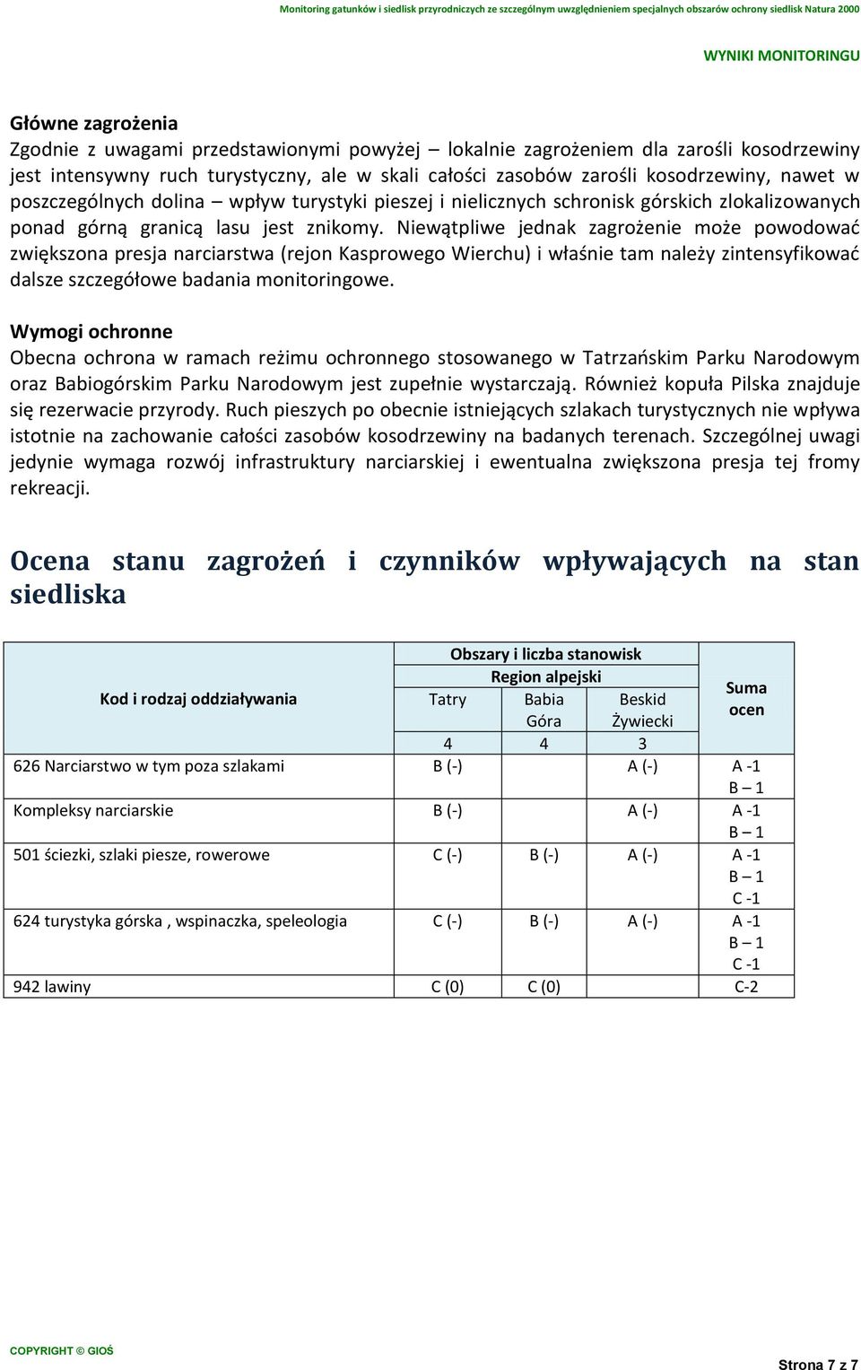 Niewątpliwe jednak zagrożenie może powodować zwiększona presja narciarstwa (rejon Kasprowego Wierchu) i właśnie tam należy zintensyfikować dalsze szczegółowe badania monitoringowe.