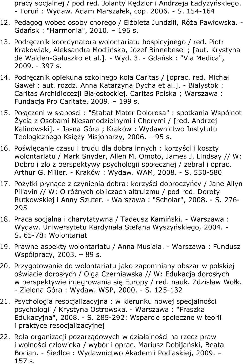 - Wyd. 3. - Gdańsk : "Via Medica", 2009. - 397 s. 14. Podręcznik opiekuna szkolnego koła Caritas / [oprac. red. Michał Gaweł ; aut. rozdz. Anna Katarzyna Dycha et al.].