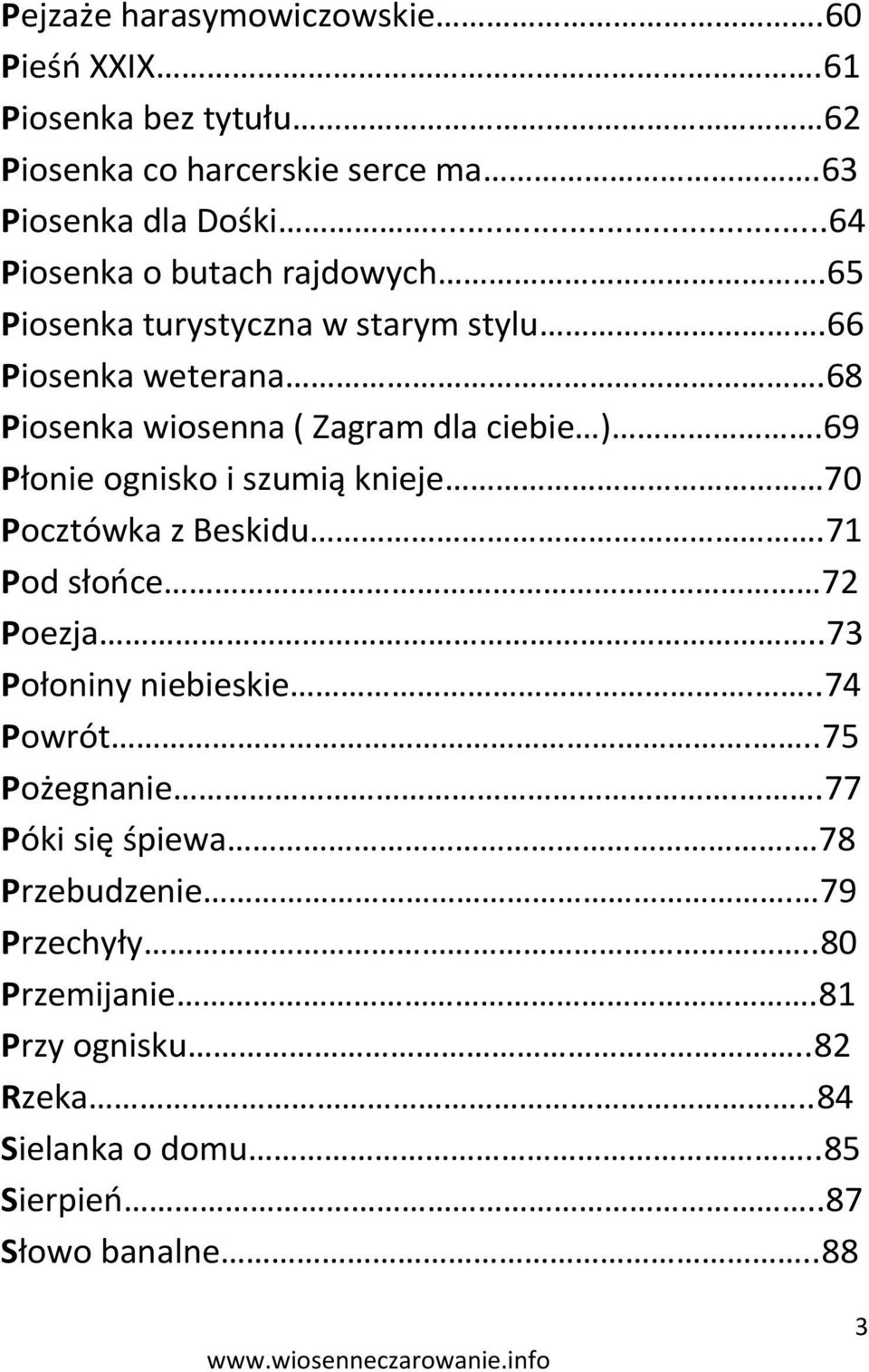 68 Piosenka wiosenna ( Zagram dla ciebie ).69 Płonie ognisko i szumią knieje 70 Pocztówka z Beskidu.71 Pod słooce 72 Poezja.