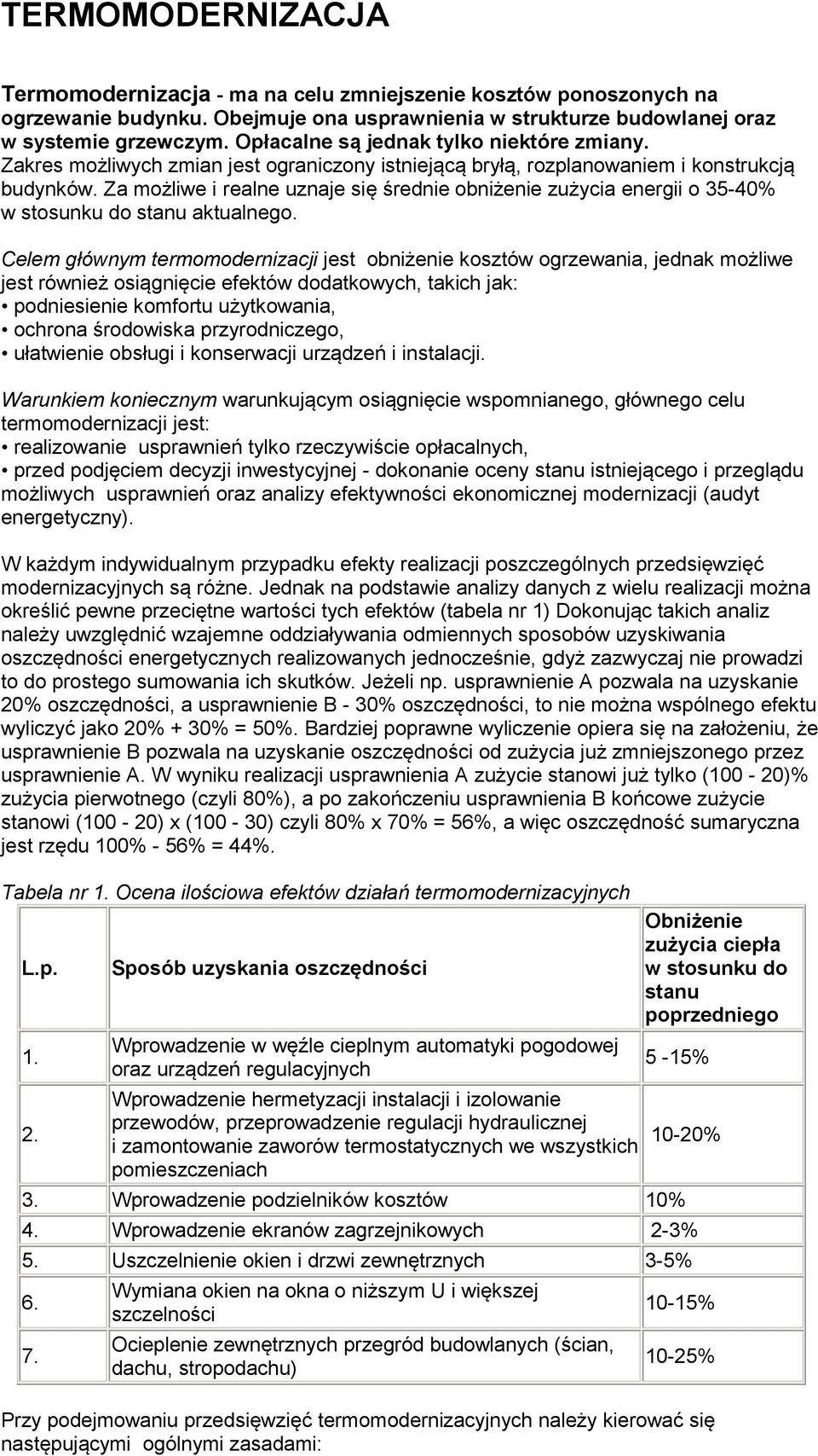 Za możliwe i realne uznaje się średnie obniżenie zużycia energii o 35-40% w stosunku do stanu aktualnego.