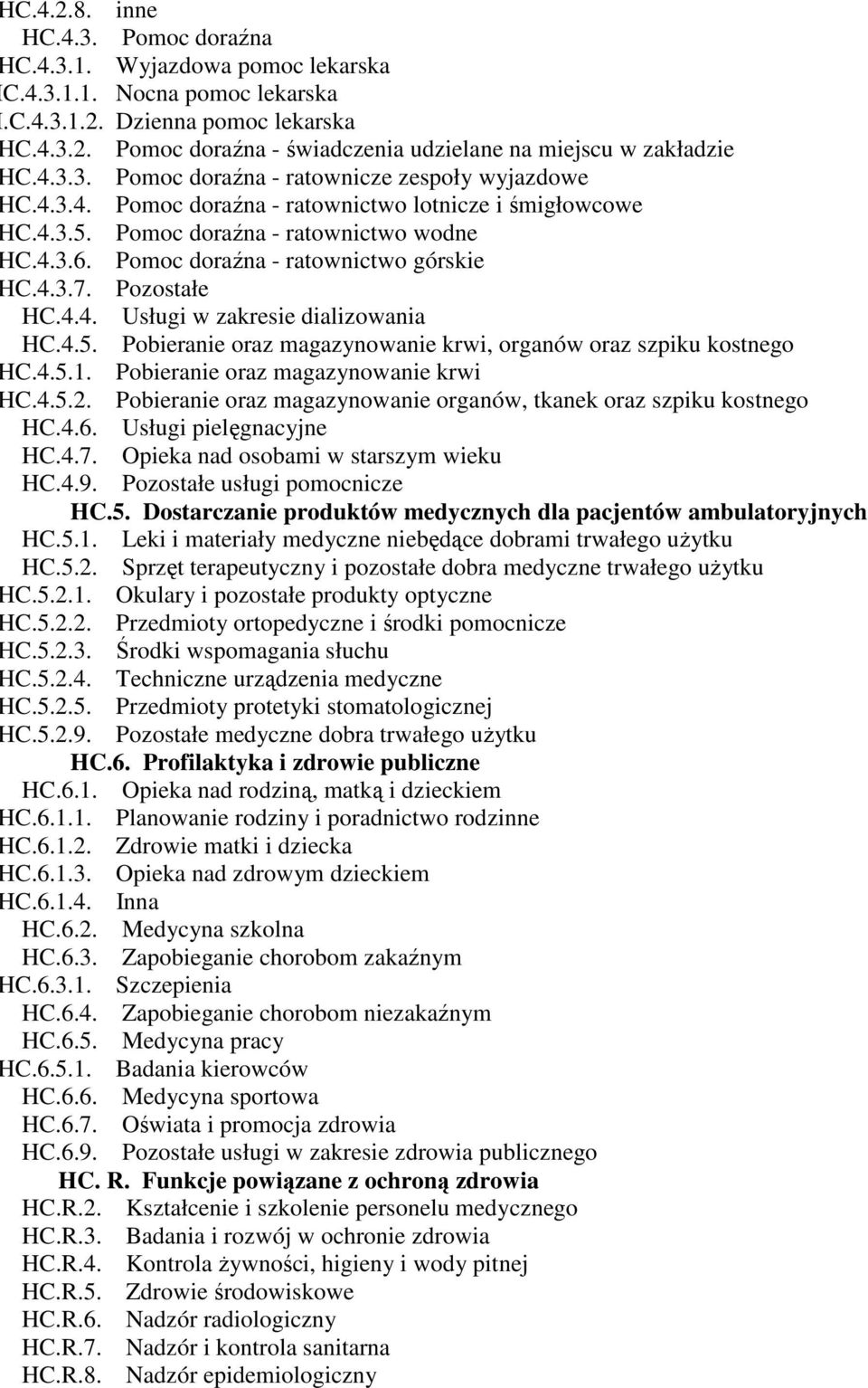 Pomoc doraźna - ratownictwo górskie C.4.3.7. Pozostałe HC.4.4. Usługi w zakresie dializowania HC.4.5. Pobieranie oraz magazynowanie krwi, organów oraz szpiku kostnego C.4.5.1.
