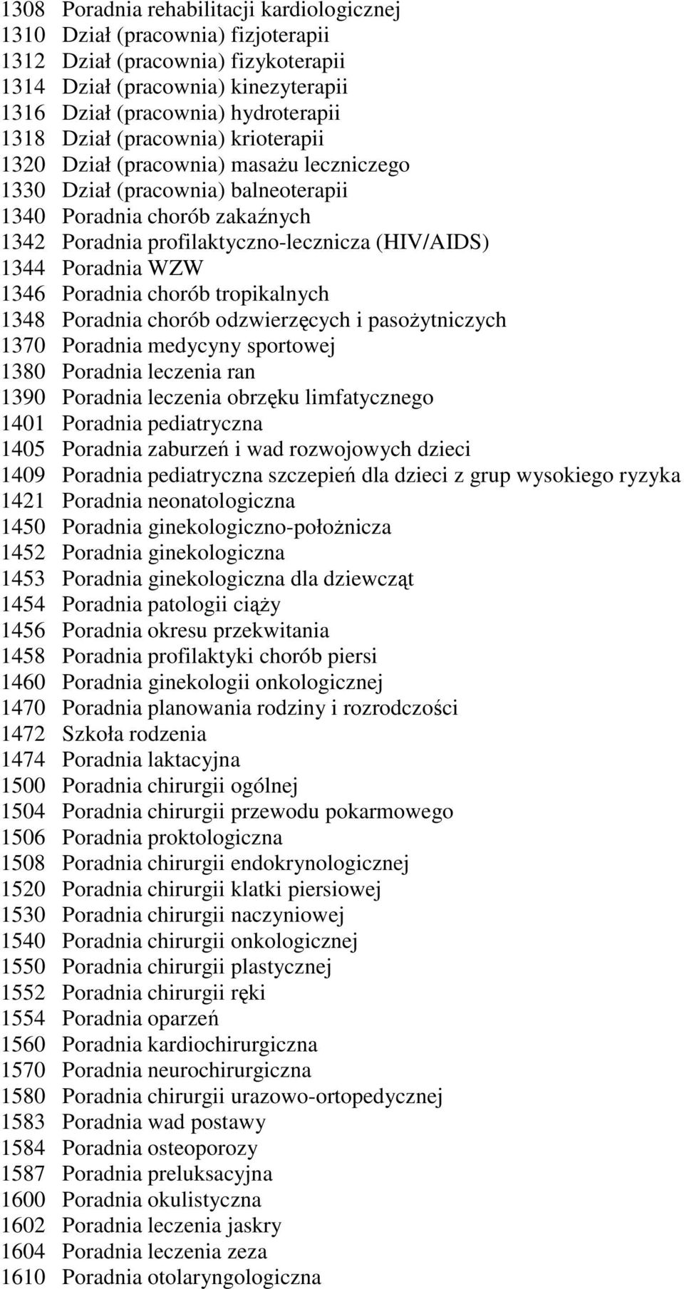 Poradnia WZW 1346 Poradnia chorób tropikalnych 1348 Poradnia chorób odzwierzęcych i pasożytniczych 1370 Poradnia medycyny sportowej 1380 Poradnia leczenia ran 1390 Poradnia leczenia obrzęku