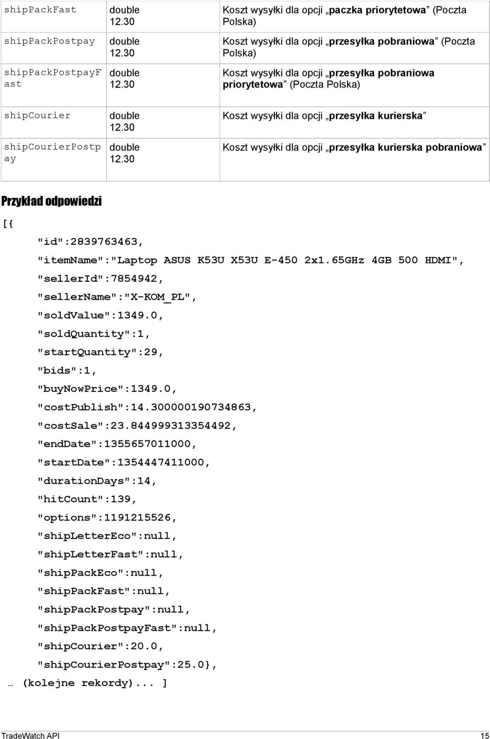 "id":2839763463, "itemname":"laptop ASUS K53U X53U E-450 2x1.65GHz 4GB 500 HDMI", "sellerid":7854942, "sellername":"x-kom_pl", "soldvalue":1349.