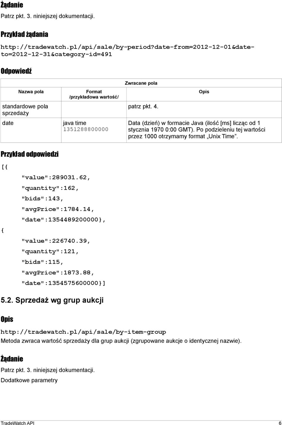 62, "quantity":162, "bids":143, "avgprice":1784.14, "date":1354489200000}, "value":226740.39, "quantity":121, "bids":115, "avgprice":1873.88, "date":1354575600000}] 5.2. Sprzedaż wg grup aukcji http://tradewatch.