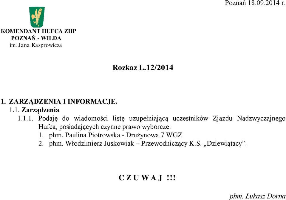 Hufca, posiadających czynne prawo wyborcze: 1. phm.