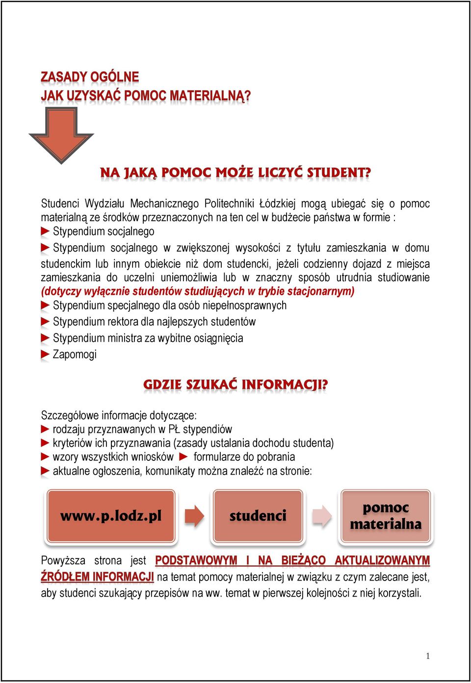 sposób utrudnia studiowanie (dotyczy wyłącznie studentów studiujących w trybie stacjonarnym) Stypendium specjalnego dla osób niepełnosprawnych Stypendium rektora dla najlepszych studentów Stypendium