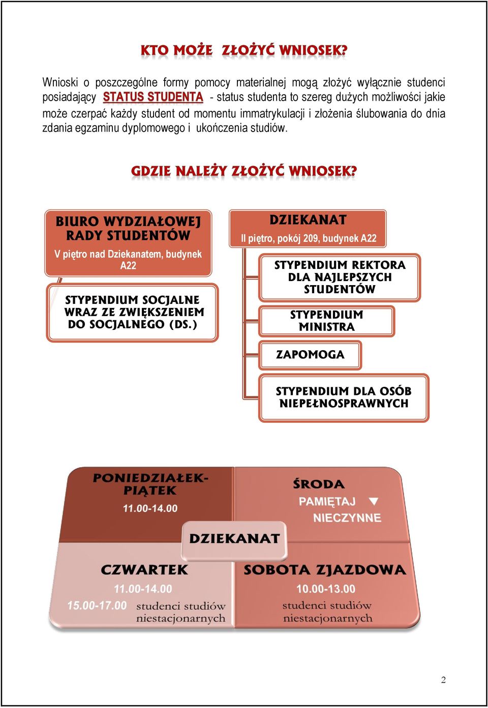 BIURO WYDZIAŁOWEJ RADY STUDENTÓW V piętro nad Dziekanatem, budynek A22 STYPENDIUM SOCJALNE WRAZ ZE ZWIĘKSZENIEM DO SOCJALNEGO (DS.