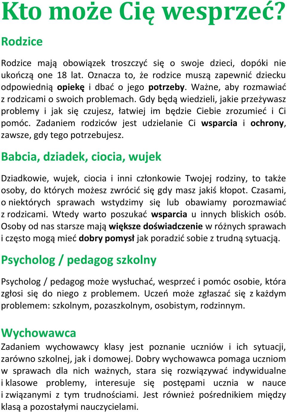 Gdy będą wiedzieli, jakie przeżywasz problemy i jak się czujesz, łatwiej im będzie Ciebie zrozumieć i Ci pomóc. Zadaniem rodziców jest udzielanie Ci wsparcia i ochrony, zawsze, gdy tego potrzebujesz.