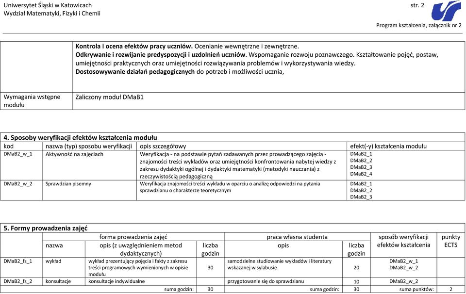 Dostosowywanie działań pedagogicznych do potrzeb i możliwości ucznia, Wymagania wstępne Zaliczony moduł DMaB1 4.