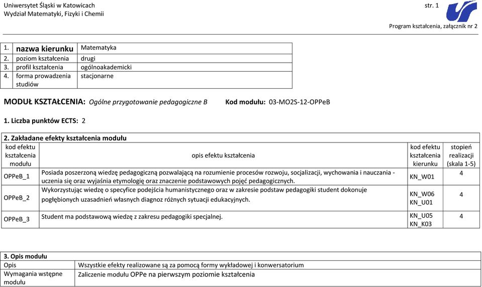 Zakładane efekty opis efektu Posiada poszerzoną wiedzę pedagogiczną pozwalającą na rozumienie procesów rozwoju, socjalizacji, wychowania i nauczania - OPPeB_1 uczenia się oraz wyjaśnia etymologię