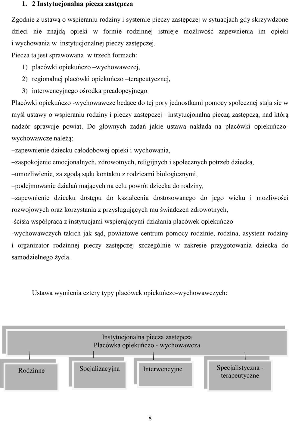 Piecza ta jest sprawowana w trzech formach: 1) placówki opiekuńczo wychowawczej, 2) regionalnej placówki opiekuńczo terapeutycznej, 3) interwencyjnego ośrodka preadopcyjnego.