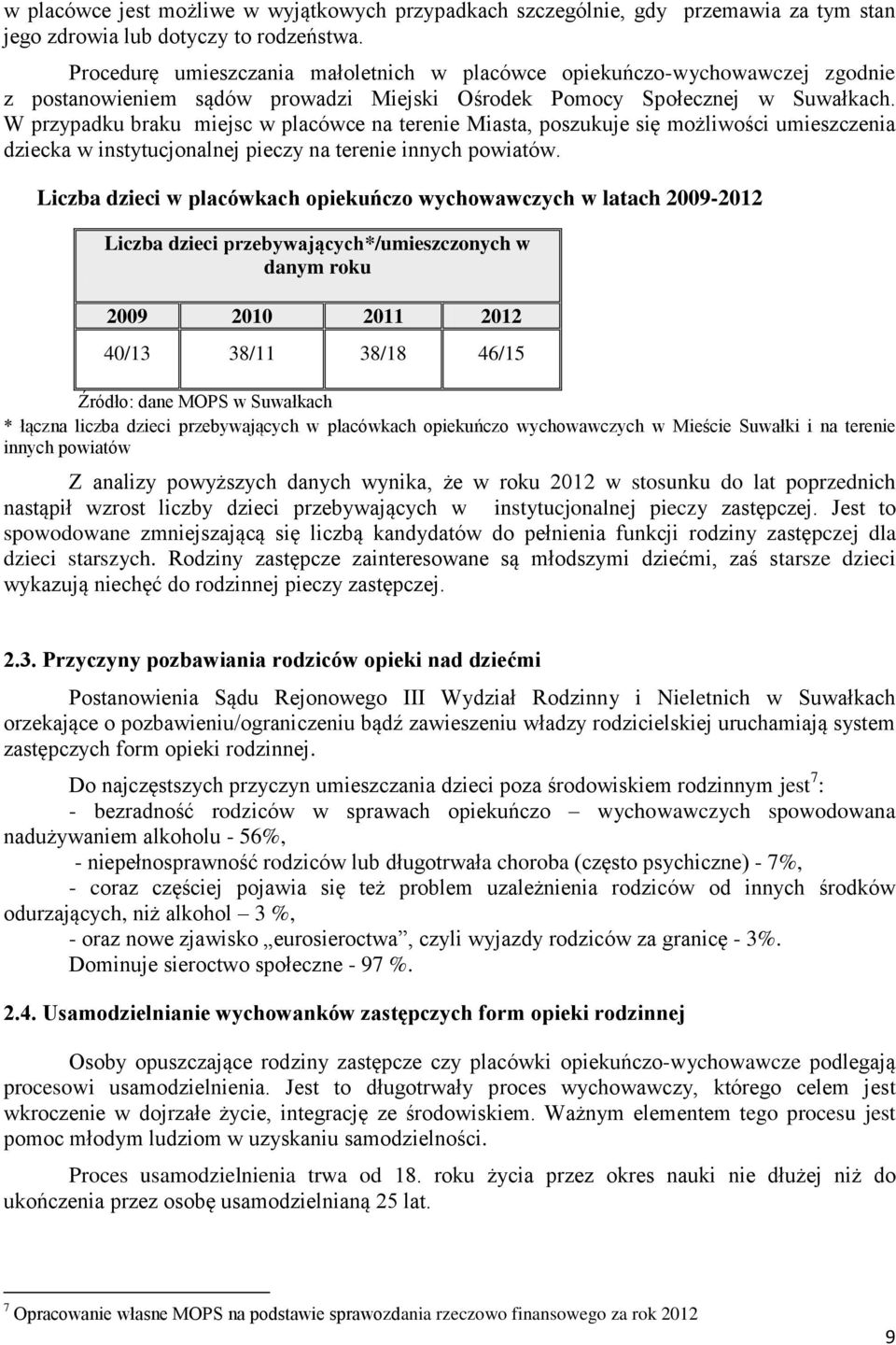 W przypadku braku miejsc w placówce na terenie Miasta, poszukuje się możliwości umieszczenia dziecka w instytucjonalnej pieczy na terenie innych powiatów.