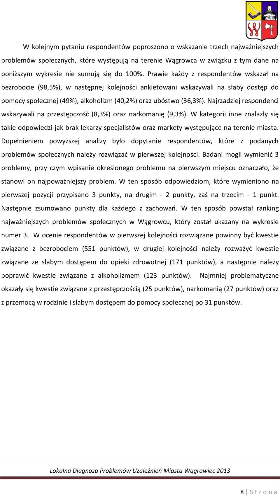 Najrzadziej respondenci wskazywali na przestępczość (8,3%) oraz narkomanię (9,3%).