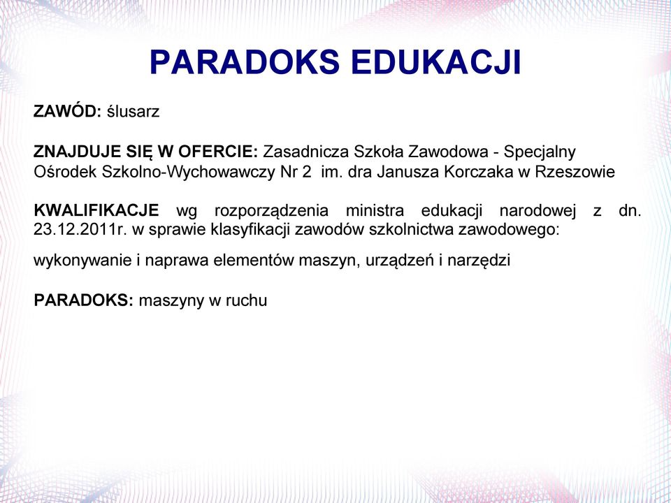 dra Janusza Korczaka w Rzeszowie KWALIFIKACJE wg rozporządzenia ministra edukacji narodowej z