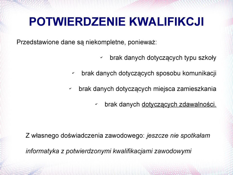 dotyczących miejsca zamieszkania brak danych dotyczących zdawalności.