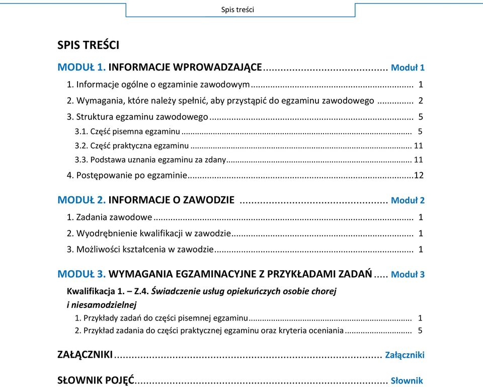 INFORMACJE O ZAWODZIE... Moduł 2 1. Zadania zawodowe... 1 2. Wyodrębnienie kwalifikacji w zawodzie... 1 3. Możliwości kształcenia w zawodzie... 1 MODUŁ 3. WYMAGANIA EGZAMINACYJNE Z PRZYKŁADAMI ZADAŃ.