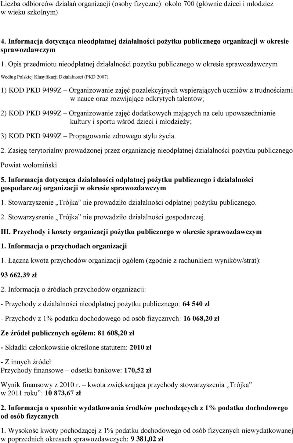 Opis przedmiotu nieodpłatnej działalności pożytku publicznego w okresie Według Polskiej Klasyfikacji Działalności (PKD 2007) 1) KOD PKD 9499Z Organizowanie zajęć pozalekcyjnych wspierających uczniów