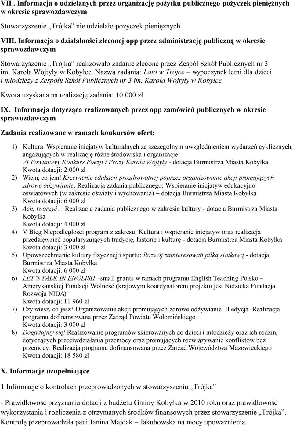 Nazwa zadania: Lato w Trójce wypoczynek letni dla dzieci i młodzieży z Zespołu Szkół Publicznych nr 3 im. Karola Wojtyły w Kobyłce Kwota uzyskana na realizację zadania: 10 000 zł IX.