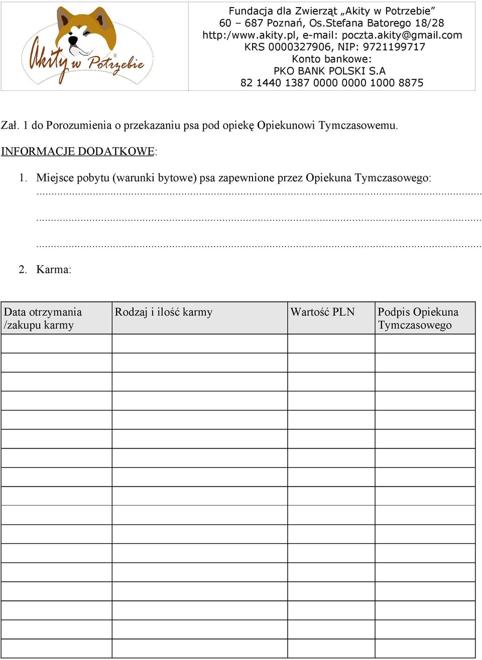 Miejsce pobytu (warunki bytowe) psa zapewnione przez Opiekuna