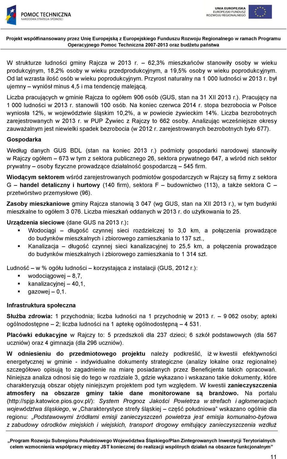 Liczba pracujących w gminie Rajcza to ogółem 906 osób (GUS, stan na 31 XII 2013 r.). Pracujący na 1 000 ludności w 2013 r. stanowili 100 osób. Na koniec czerwca 2014 r.