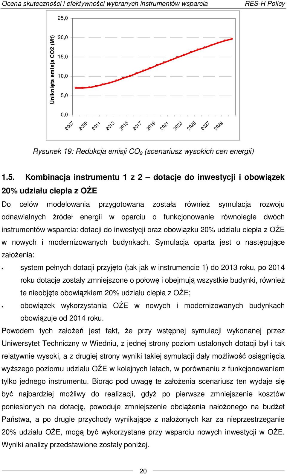 1, 5,, Rysunek 19: Redukcja emisji CO 2 (scenariusz wysokich cen energii) 1.5. Kombinacja instrumentu 1 z 2 dotacje do inwestycji i obowiązek 2% udziału ciepła z OŹE Do celów modelowania przygotowana