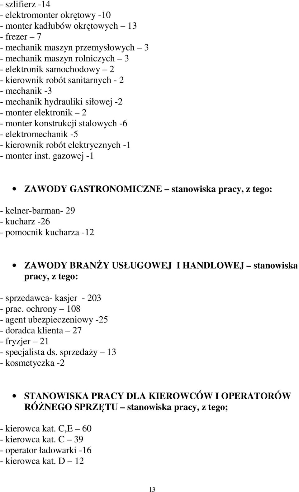 gazowej -1 ZAWODY GASTRONOMICZNE stanowiska pracy, z tego: - kelner-barman- 29 - kucharz -26 - pomocnik kucharza -12 ZAWODY BRANśY USŁUGOWEJ I HANDLOWEJ stanowiska pracy, z tego: - sprzedawca- kasjer