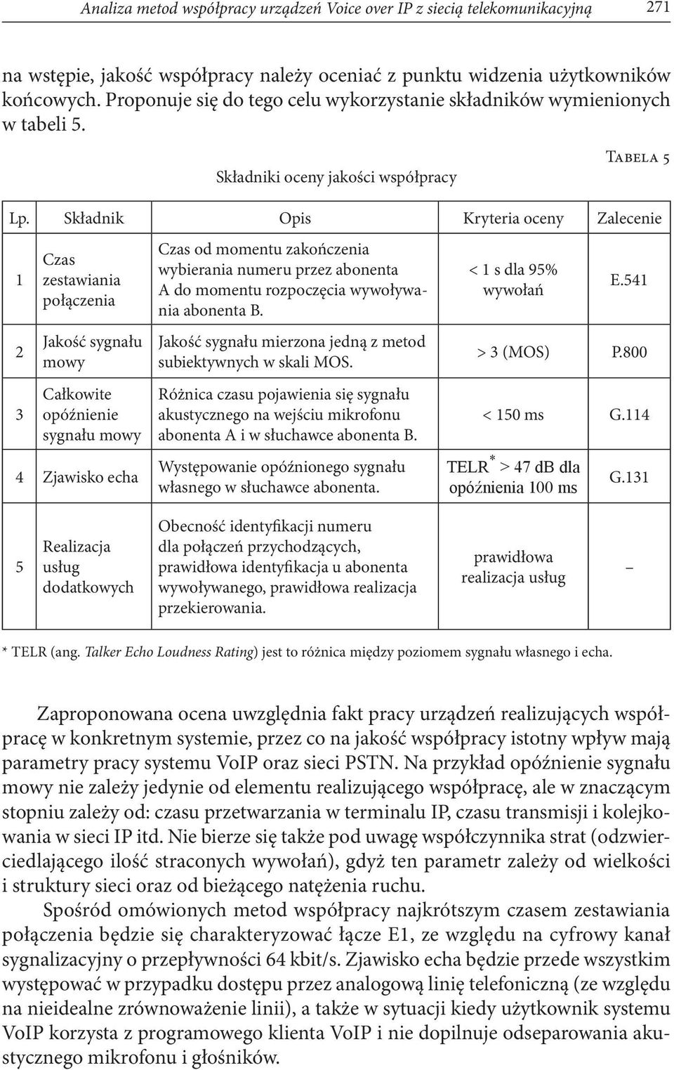 Składnik Opis Kryteria oceny Zalecenie 1 2 3 Czas zestawiania połączenia Jakość sygnału mowy Całkowite opóźnienie sygnału mowy 4 Zjawisko echa Czas od momentu zakończenia wybierania numeru przez