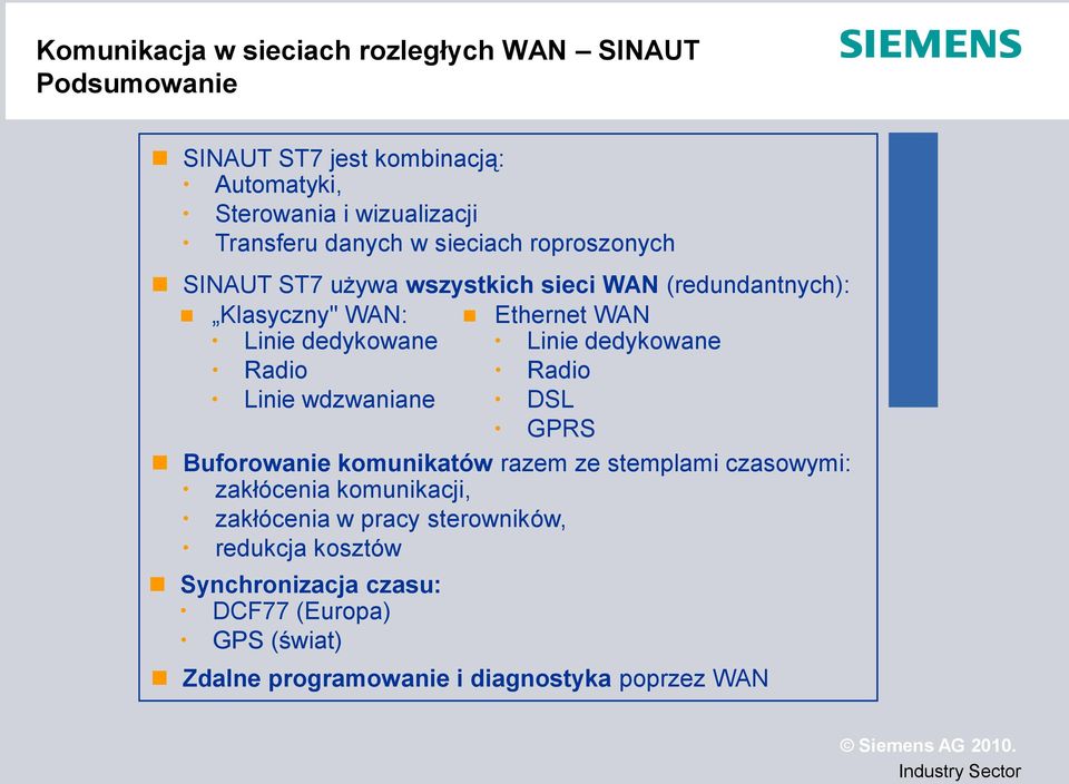 wdzwaniane Ethernet WAN Linie dedykowane Radio DSL GPRS Buforowanie komunikatów razem ze stemplami czasowymi: zakłócenia komunikacji,